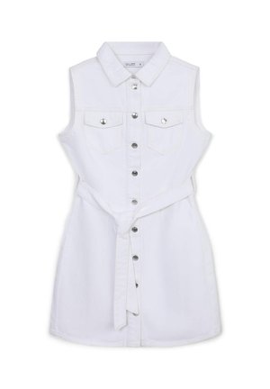 Abito in denim bianco senza maniche con collo a camicia, chiusura frontale a bottoni, due tasche sul petto e cintura in vita annodata.