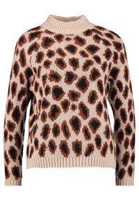 Leopardenmuster-Pullover mit Stricktextur, beigem Grund und braunen sowie schwarzen Flecken. Gerippter Halsausschnitt und Saum, leicht lockere Passform.