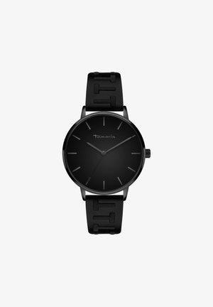 Zwarte analoge horloge met een minimalistisch ronde wijzerplaat en zwarte wijzers, voorzien van een gestructureerde rubberen band. De merknaam "Tamaris" is zichtbaar.