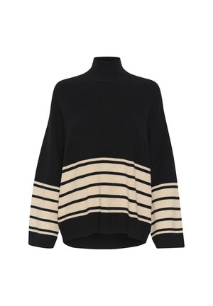 Melnā adīta džemperis ar augstu apkakli, kuram ir platas bēšas un melnas horizontālas svītras visā ķermenī. Brīvā piegriezuma dizains ar ribotu tekstūru.