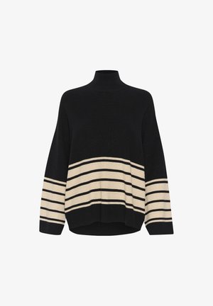 Čierny pletený sveter s vysokým golierom, zdobený širokými béžovými a čiernymi horizontálnymi pruhmi na tele. Voľný strih s rebrovanou textúrou.