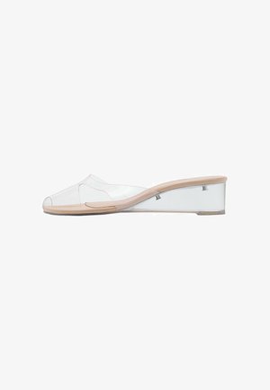 Klarer Slide-Sandalen mit transparentem Obermaterial und einem beigen Plateau-Absatz. Verfügt über eine glatte Textur und ein minimalistisches Design.