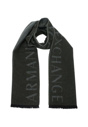 Sciarpa grigio scuro realizzata in materiale morbido, con la scritta "ARMANI EXCHANGE" in una tonalità più chiara, rifinita con bordi sfrangiati.