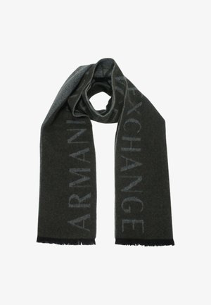 Sciarpa grigio scuro realizzata in materiale morbido, con la scritta "ARMANI EXCHANGE" in una tonalità più chiara, rifinita con bordi sfrangiati.