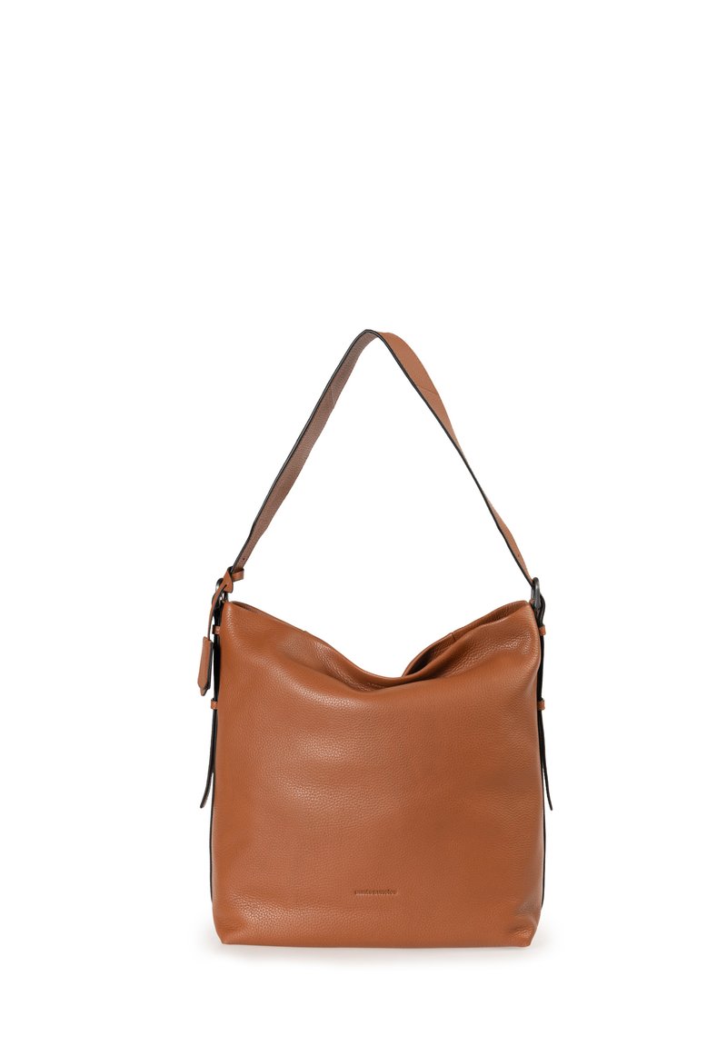 Borsa a tracolla in pelle beige con una forma morbida e floscia, caratterizzata da una sola tracolla e un sottile bordo nero. Texture liscia con un design minimalista.