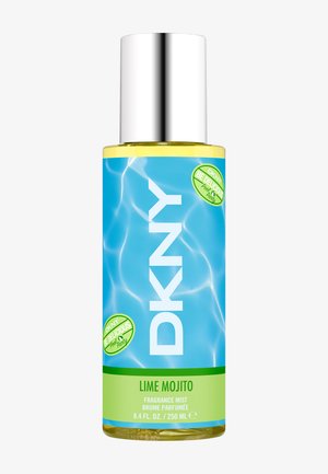 Butelka mgiełki zapachowej DKNY Lime Mojito z niebieskim wzorem wody i zieloną etykietą, 250 ml, srebrna nakrętka.