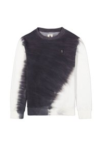 Schwarzes und weißes Batik-Sweatshirt mit Rundhalsausschnitt, gerippten Bündchen und Saum sowie einem kleinen Logo-Patch auf der Vorderseite. Weiches Baumwollmaterial.