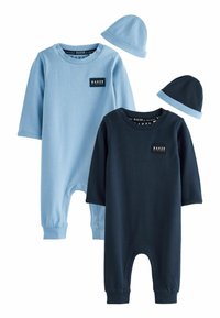 Zwei Babybody: einer in Hellblau und einer in Dunkelblau. Beide haben lange Ärmel, Druckknöpfe an den Schultern und passende Mützen.