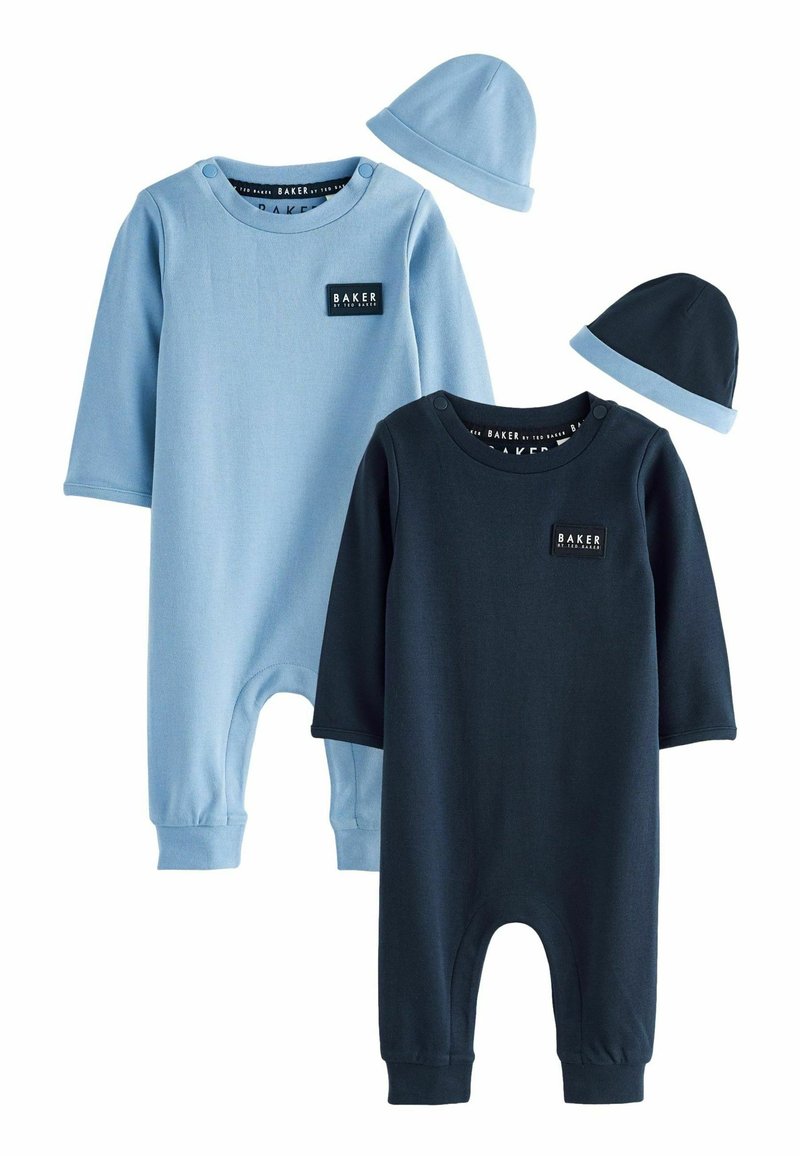 Zwei Babybody: einer in Hellblau und einer in Dunkelblau. Beide haben lange Ärmel, Druckknöpfe an den Schultern und passende Mützen.