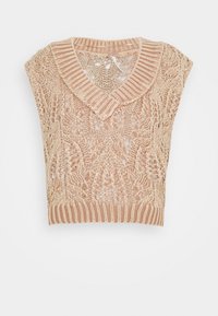 Knit crop top i ljusbeige med ett strukturerat, öppet mönster. Har en bred krage och korta ärmar. Ribbad fåll i nederkant.