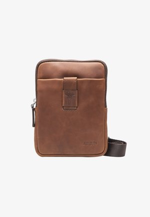 Brown leather crossbody bag with a zipper closure, textured surface, front flap with debossed logo, and adjustable woven strap.