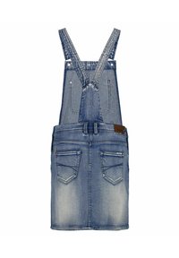Vaaleansinisestä denimmistä valmistettu overall-mekko, jossa on säädettävät olkaimet, tiukka yläosa ja suora hame, jossa on kaksi takapussia ja tekstuuri.