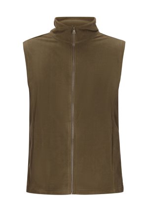 Vest din polar verde măsliniu cu guler înalt și fermoar pe întreaga lungime. Textură netedă, design fără mâneci și stil minimalist.