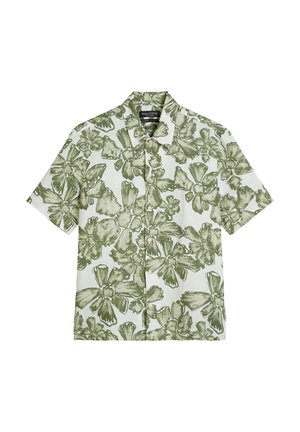 Short-sleeve shirt in light fabric with a green floral pattern on a white background. Features a classic collar and button-down front.