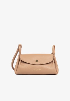 Small beige leather handbag with a flap and snap closure, adjustable strap, and subtle embossed brand name on the front.