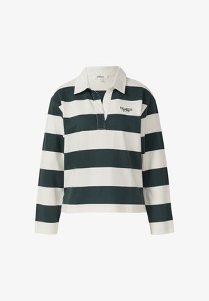 Langarm rugbyshirt met brede zwart-witte horizontale strepen, witte kraag en de tekst "VOLLEDIGHEID van vreugde" op de linkerborst.