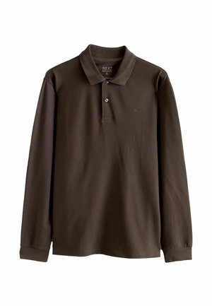 Polo shirt marron à manches longues en coton. Doté d'un col, d'une patte de boutonnage à trois boutons et d'un petit logo sur la poitrine. Coupe classique.