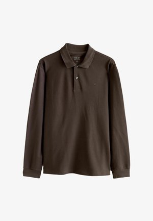 Polo shirt marron à manches longues en coton. Doté d'un col, d'une patte de boutonnage à trois boutons et d'un petit logo sur la poitrine. Coupe classique.