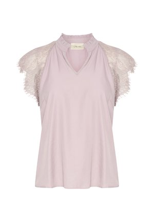 Top senza maniche lilla con scollatura a V, decorato con dettagli in pizzo sulle spalle e un tessuto strutturato, con una finitura liscia in tutto.