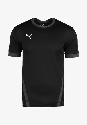 Schwarzes Puma Sportshirt mit kurzen Ärmeln, grauem Besatz am Kragen und an den Ärmeln, Puma-Logo auf der rechten Brust und grauen Seitenpaneelen.