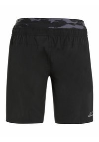 Musta uimapuku, jossa on joustava vyötärönauha, jossa on kontrastivärinen harmaa kuviollinen vuori ja brändilogo oikeassa alakulmassa.