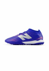 Blue sports shoes with a textured upper, featuring a white logo, pink accents, and a rubber sole designed for traction.