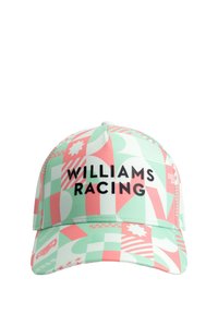 Czapka z kolorowym geometrycznym wzorem w miętowej zieleni i koralu, z napisem "WILLIAMS RACING" w grubym czarnym tekście z przodu.