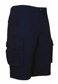 Marinblå cargoshorts i slitstarkt material, med två sidofickor och två cargofickor, samt toppstickade detaljer och knappstängning.