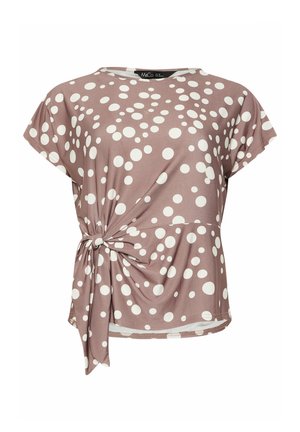 Mauve kortærmet bluse med hvide polkaprikker og detaljer med knude foran, rund halsudskæring og afslappet pasform.