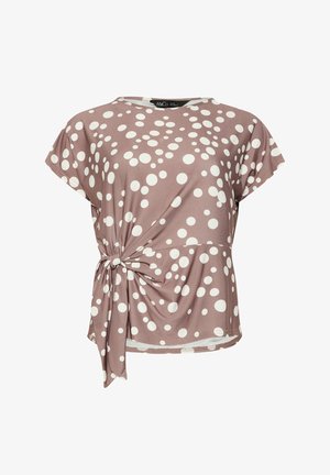 Mauve kortærmet bluse med hvide polkaprikker og detaljer med knude foran, rund halsudskæring og afslappet pasform.