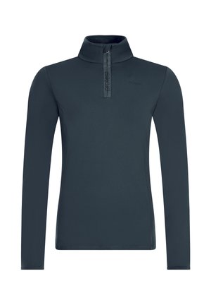 Mørkeblå langærmet pullover med høj krave og frontlynlås, der har subtile "protest" mærkning.