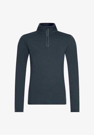 Mørkeblå langærmet pullover med høj krave og frontlynlås, der har subtile "protest" mærkning.