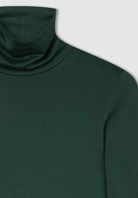 Ciemnozielony golf wykonany z gładkiego, elastycznego materiału. Posiada wysoki kołnierz oraz dopasowaną sylwetkę z wyraźnymi detalami ściegów.