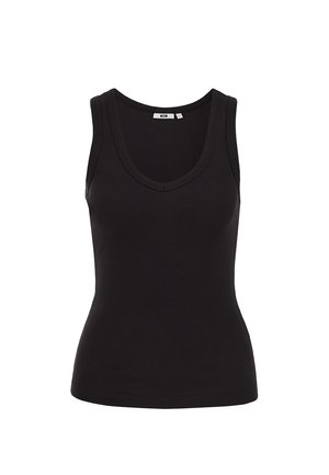 Czarny bezrękawnik prążkowany z dekoltem w szpic i dopasowaną talią, prezentowany na białym tle.