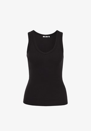 Czarny bezrękawnik prążkowany z dekoltem w szpic i dopasowaną talią, prezentowany na białym tle.