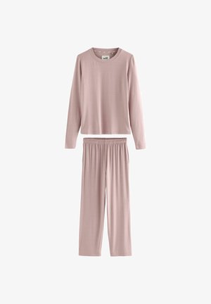 Lichtroze langemouwtop en bijpassende broek gemaakt van zachte, gladde stof. De broek heeft een elastische tailleband voor comfort.