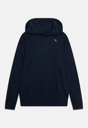 Sweat à capuche bleu marine avec une poche avant, une capuche à cordon et un petit logo animalier sur la poitrine. Texture lisse et manches longues.