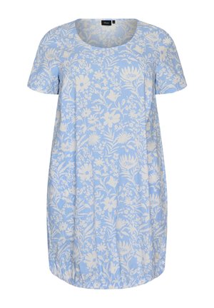 Lichtblauwe jurk met korte mouwen, witte bloemenprint, ronde halslijn en een geplooide zoom.