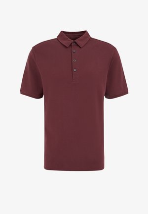 Polo color vinaccia a maniche corte con colletto e patta con quattro bottoni, design semplice, mostrata su sfondo bianco.