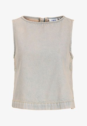 Brezrokavnik svetlo sivega jeansa z okroglim izrezom in zadrgo na hrbtni strani, velikost S, prikazan na belem ozadju.