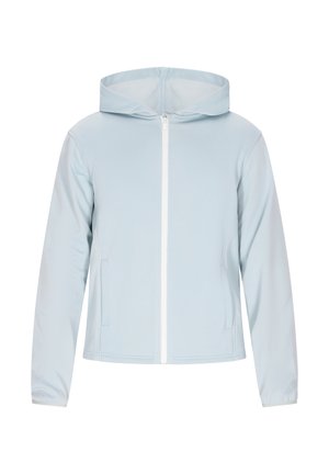 Lyseblå zip-up hættetrøje med hætte, der har to sidelommer og en glat, blød tekstur. Lynlåsen er hvid.