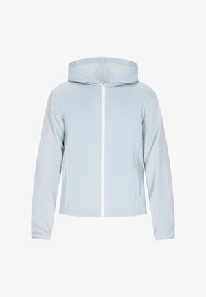 Lyseblå zip-up hættetrøje med hætte, der har to sidelommer og en glat, blød tekstur. Lynlåsen er hvid.