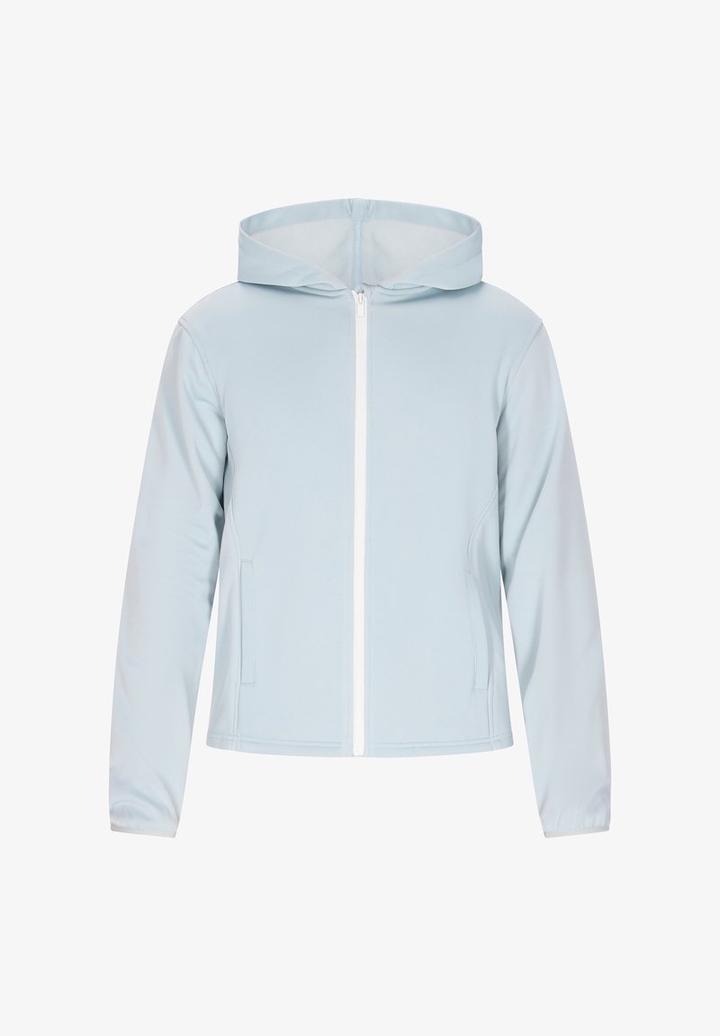 Ljusblå zip-up huvtröja med huva, som har två sidofickor och en slät, mjuk textur. Dragkedjan är vit.