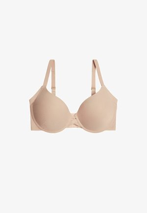 Sujeción nude con copas moldeadas y lisas, tirantes ajustables y un sutil detalle cruzado en la parte delantera. Fabricado con un material suave y elástico.