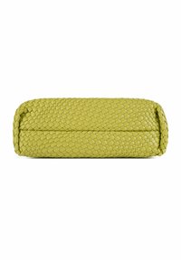 Väva läderclutch i ljusgrön. Rektangulär form med rundade kanter, med en texturerad yta och en slät finish.