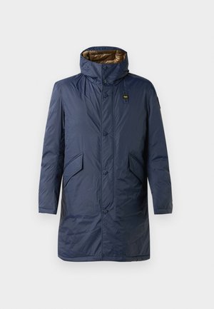 Navy blue puffer coat with a high collar, front button closure, two side pockets, and a contrasting golden interior lining.