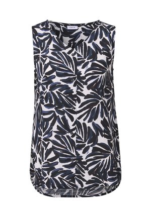 Bezramínková blůza s černým, bílým a námořnickým vzorem listů. Má výstřih do V, knoflíky po celé přední délce a zakřivený lem. Hladká látka.
