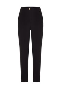 Pantalon slim noir pour femme avec taille mi-haute et une fermeture à un seul bouton doré à l'avant.
