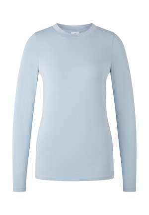 Light blue long-sleeve shirt made from soft fabric, featuring a round neckline and fitted design with smooth seams and no visible patterns.