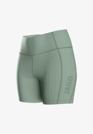Hellgrüne, hoch taillierte Sportshorts mit sichtbaren Nähten und dem Markennamen JAKO, vertikal auf dem Oberschenkel gedruckt.
